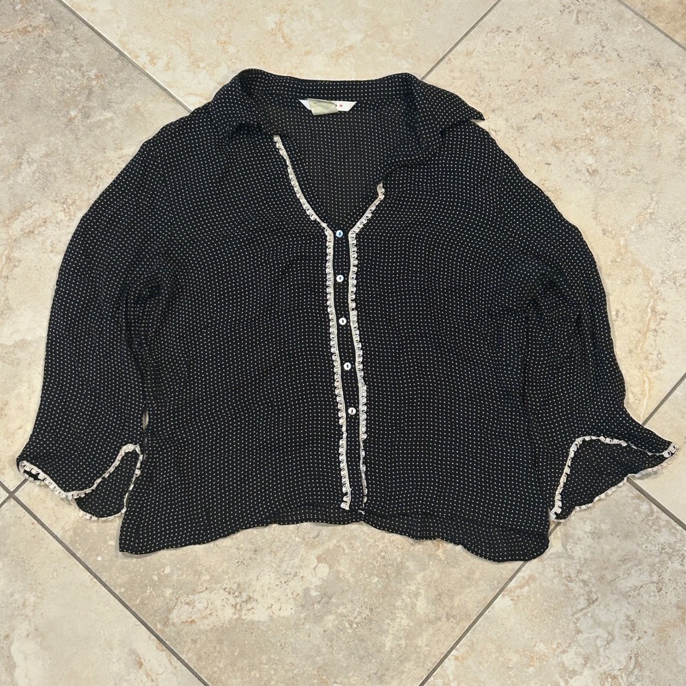 Studio M Blouse Womens XL Black Polka Dot Silk Crochet Lace Trim‎ Button Front